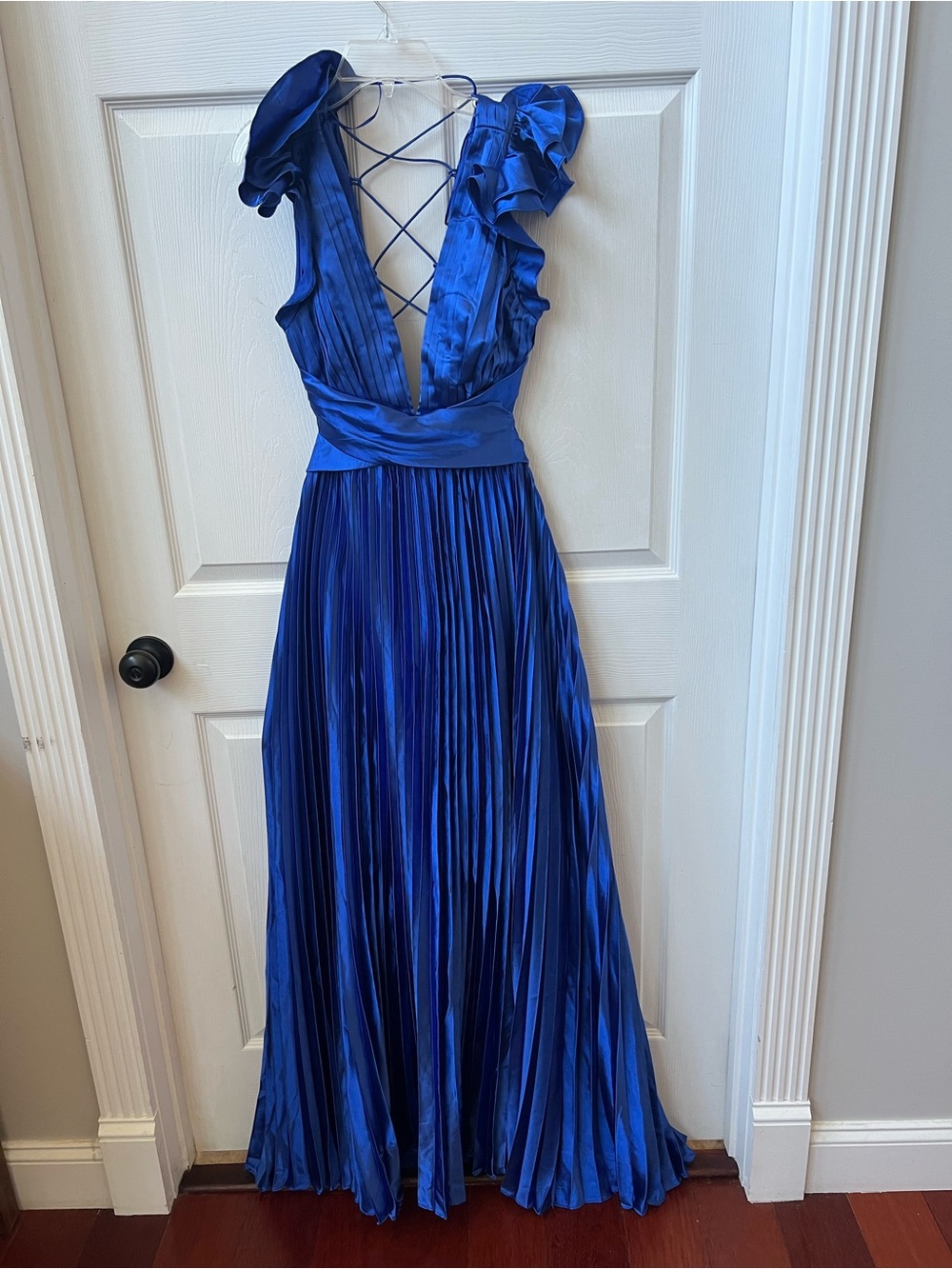 Luxxel Royal Blue Pleated V-Neck Maxi Dress with Ruffled Shoulders